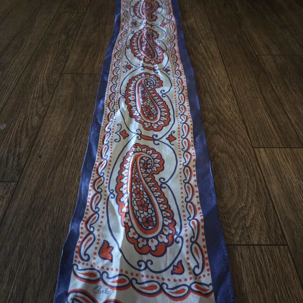 Vintage Carlo Paisley Satin Oblong Scarf Red White Blue Retro Neck Scarf